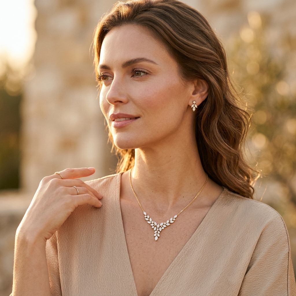 Luxury gold necklace and diamond earrings campaign