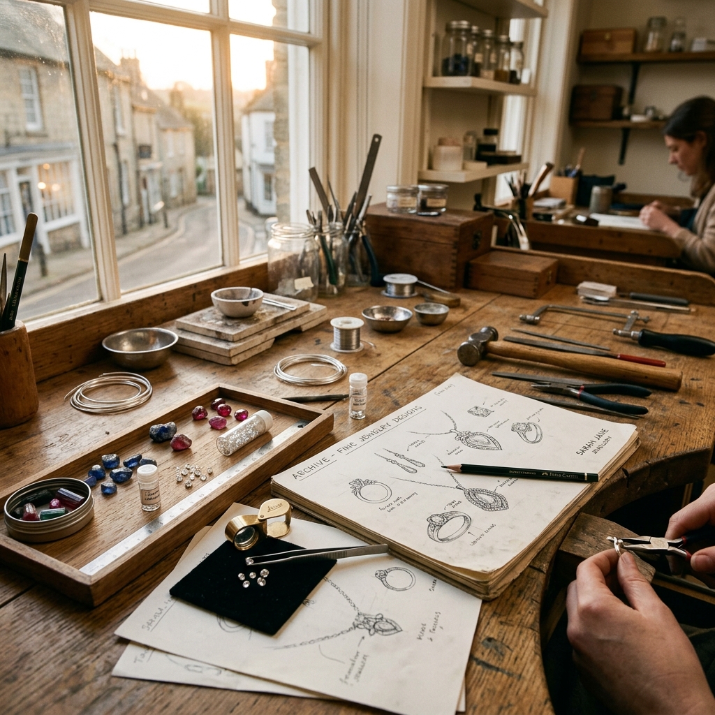 Artisan jeweler workshop workbench with sketches